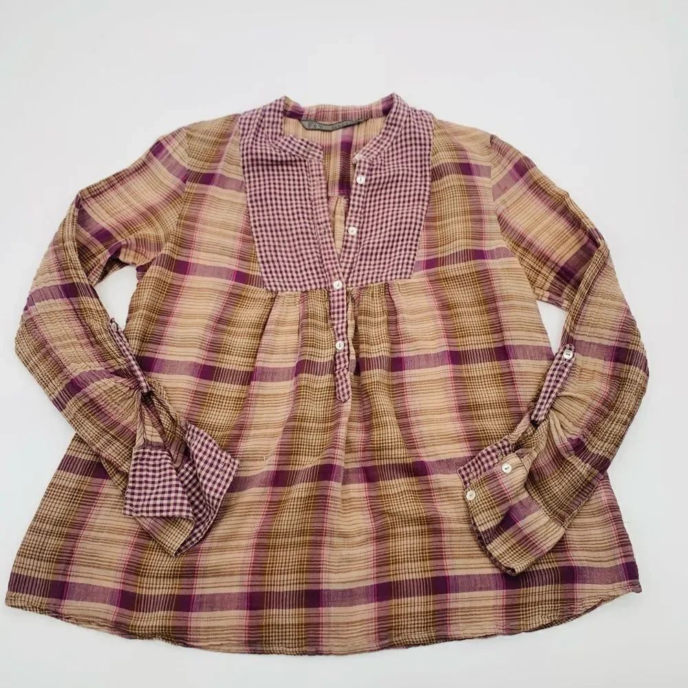 Zara | Plaid peasant Shirt - Purple and Brown | size medium